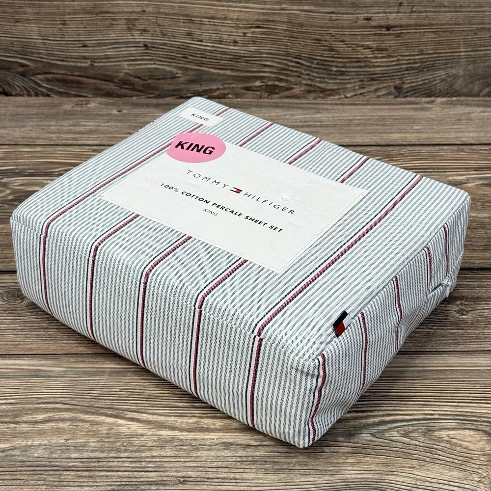 Tommy Hilfiger Ithaca Stripe KING Sheet Set 100% Cotton White Blue Red NEW